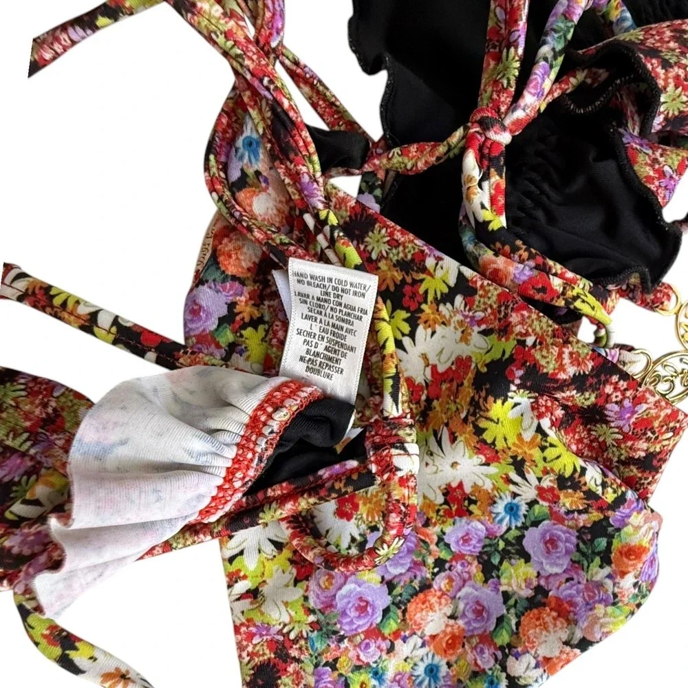 Luli Fama Floral Ruffle Bikini Set Garden Nights S Lace Up Back Ruched Bottoms